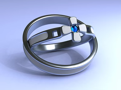Silver Ring With Blue Gemstone And Four Petal Decorative Shiny Metal Band 3d model