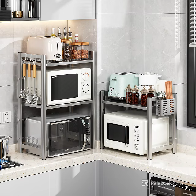 Stainless Steel Kitchen Storage Shelves With Microwave Toaster Spice Bottles And Utensils 3d model 