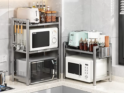 Stainless Steel Kitchen Storage Shelves With Microwave Toaster Spice Bottles And Utensils 3d model