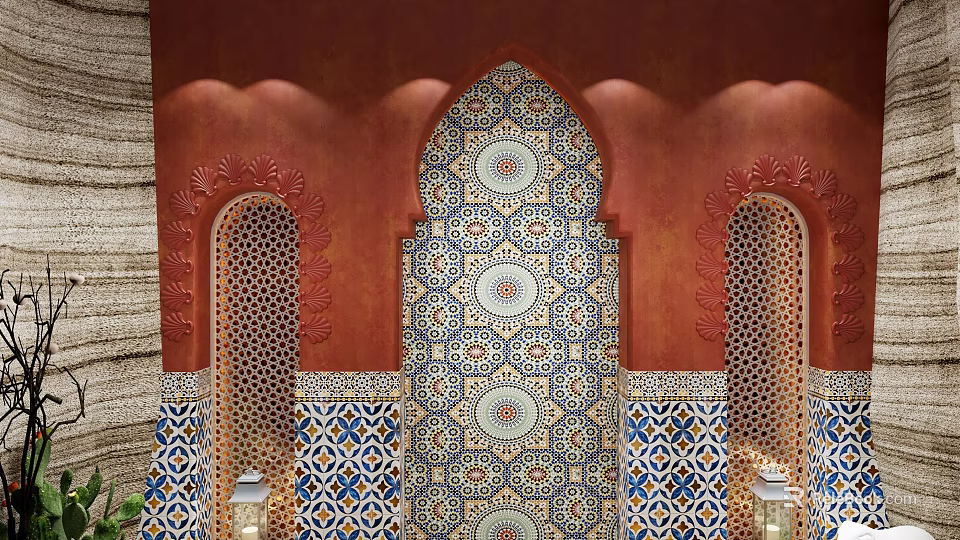 Moroccan Style Wall Decor Featuring Colorful Tiles Arched Openings And Geometric Patterns 3d model