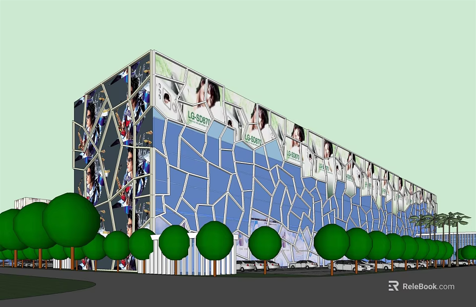 Modern Building Exterior With Blue Geometric Glass Facade Large Portraits And Green Trees 3d model 