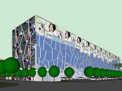 Modern Building Exterior With Blue Geometric Glass Facade Large Portraits And Green Trees 3d model