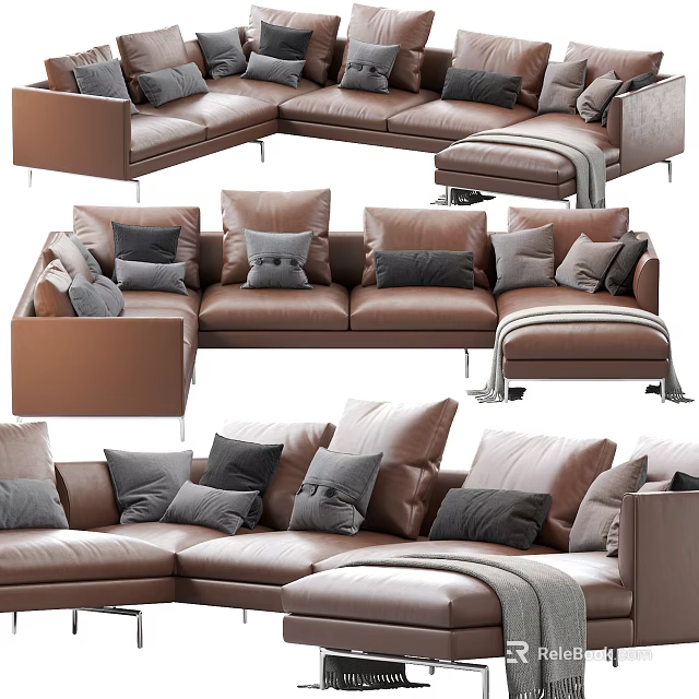 Modern Brown Leather Sectional Sofa With Multiple Plush Cushions And Ottoman 3d model