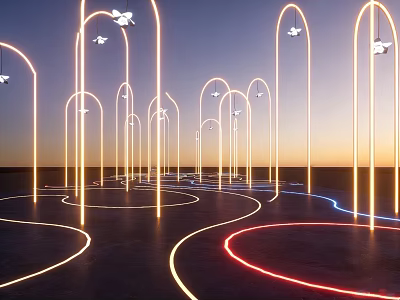 Illuminated Arched Decorative Lights With Curved Colorful Light Strips In Sunset Sky Modern Design 3d model