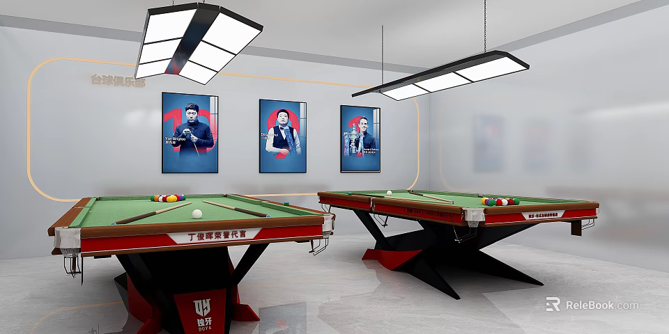 Billiard Room Interior With Two Tables Three Portraits And Ceiling Lights 3d model