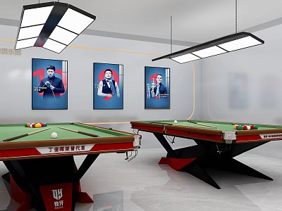 Billiard Room Interior With Two Tables Three Portraits And Ceiling Lights 3d model