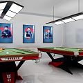 Billiard Room Interior With Two Tables Three Portraits And Ceiling Lights 3d model