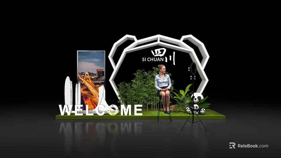 Sichuan Themed Photo Check In Spot With Panda Elements Green Plants And Welcome Sign 3d model 