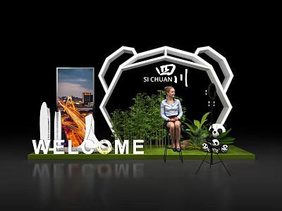 Sichuan Themed Photo Check In Spot With Panda Elements Green Plants And Welcome Sign 3d model
