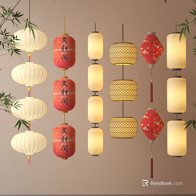 Traditional Chinese Red And White Lanterns With Bamboo Weave Patterns And Bamboo Leaves Decor 3d model 