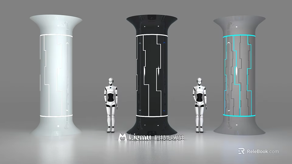 Modern White Black Gray Pillars Featuring Geometric Lines And Robot Figures With Illuminated Accents 3d model 