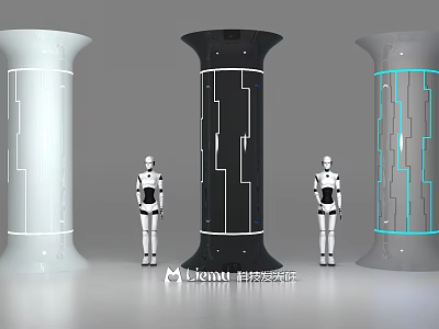 Modern White Black Gray Pillars Featuring Geometric Lines And Robot Figures With Illuminated Accents 3d model