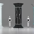 Modern White Black Gray Pillars Featuring Geometric Lines And Robot Figures With Illuminated Accents