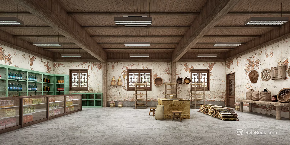 Traditional Store Interior With Wooden Ceiling Red Brick Walls And Shelves Displaying Items 3d model 