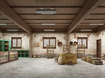 Traditional Store Interior With Wooden Ceiling Red Brick Walls And Shelves Displaying Items 3d model