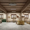 Traditional Store Interior With Wooden Ceiling Red Brick Walls And Shelves Displaying Items