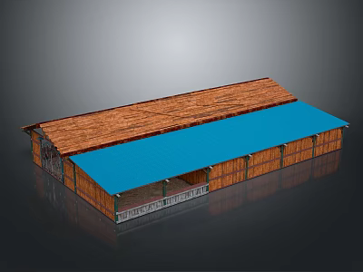 Long Wooden Building With Brown And Blue Roof Open Sections Structure Design 3d model
