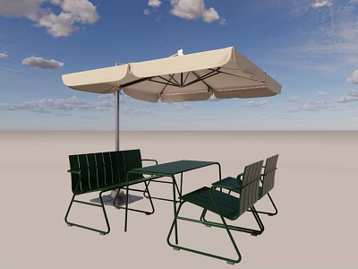 Green Outdoor Chairs with Table and White Parasol in Outdoor Setting Under Blue Sky 3d model