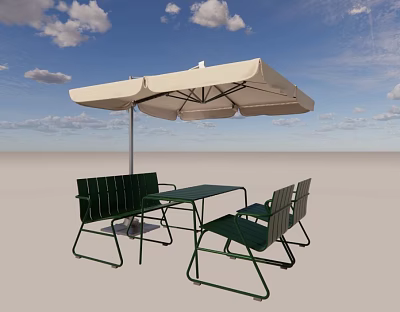 Green Outdoor Chairs with Table and White Parasol in Outdoor Setting Under Blue Sky 3d model