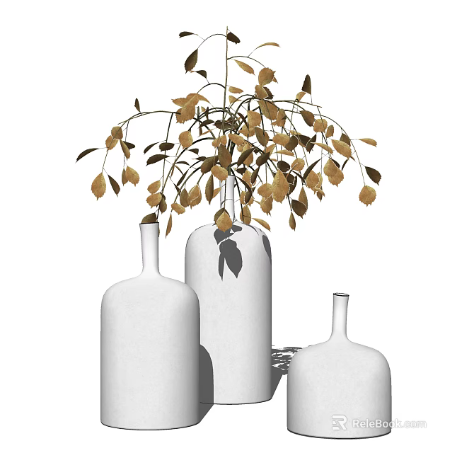 Elegant White Glass Vases With Golden Leaf Branches For Home Decor 3d model 