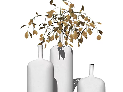 Elegant White Glass Vases With Golden Leaf Branches For Home Decor 3d model