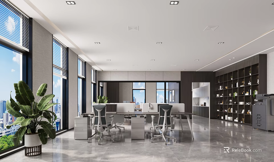 Modern Open Bright Public Office Area With Large Windows Green Plants Desks Office Chairs Bookshelves 3d model 