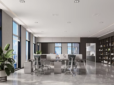 Modern Open Bright Public Office Area With Large Windows Green Plants Desks Office Chairs Bookshelves 3d model