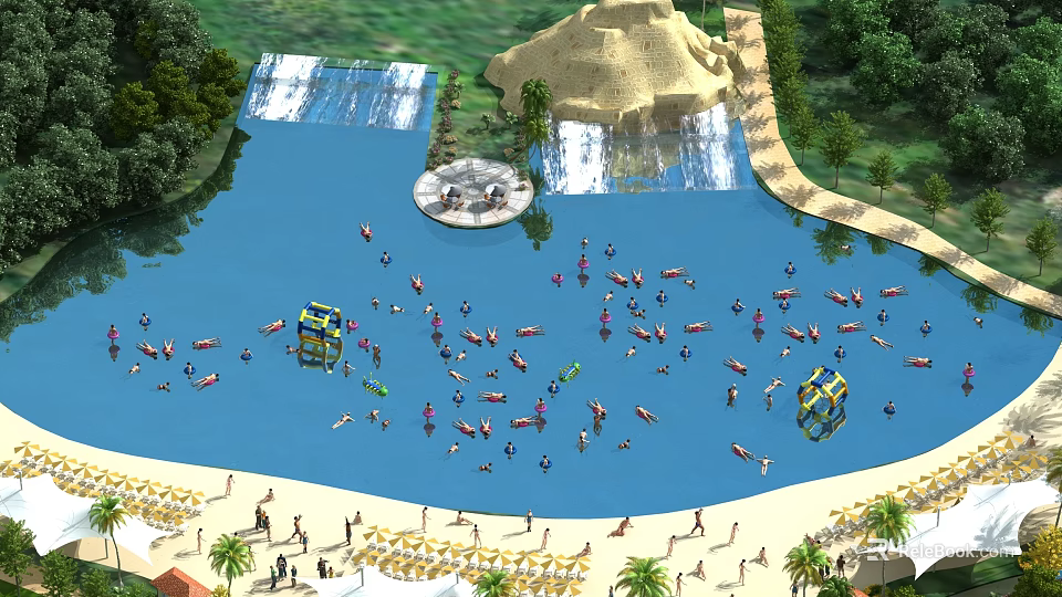 Water Amusement Park With Visitors Swimming Tropical Beach Palm Trees And Fun Slides 3d model 