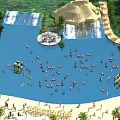 Water Amusement Park With Visitors Swimming Tropical Beach Palm Trees And Fun Slides