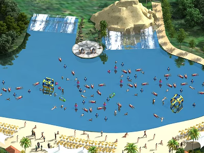 Water Amusement Park With Visitors Swimming Tropical Beach Palm Trees And Fun Slides 3d model