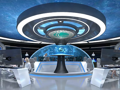 Futuristic Exhibition Hall Interior Design With Starry Dome Ceiling Central Display And Control Stations 3d model