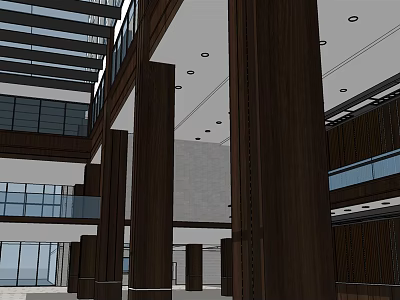 Modern Reception Area With Wooden Pillars Glass Walls And Spacious Interior Design 3d model