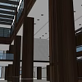 Modern Reception Area With Wooden Pillars Glass Walls And Spacious Interior Design