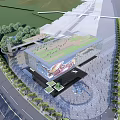 Modern Sales Office Building With Glass Curtain Wall Metal Frame Water Pool And Trees