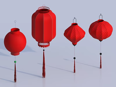 Red Lanterns in Different Styles with Decorative Tassels 3d model