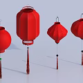 Red Lanterns in Different Styles with Decorative Tassels 3d model