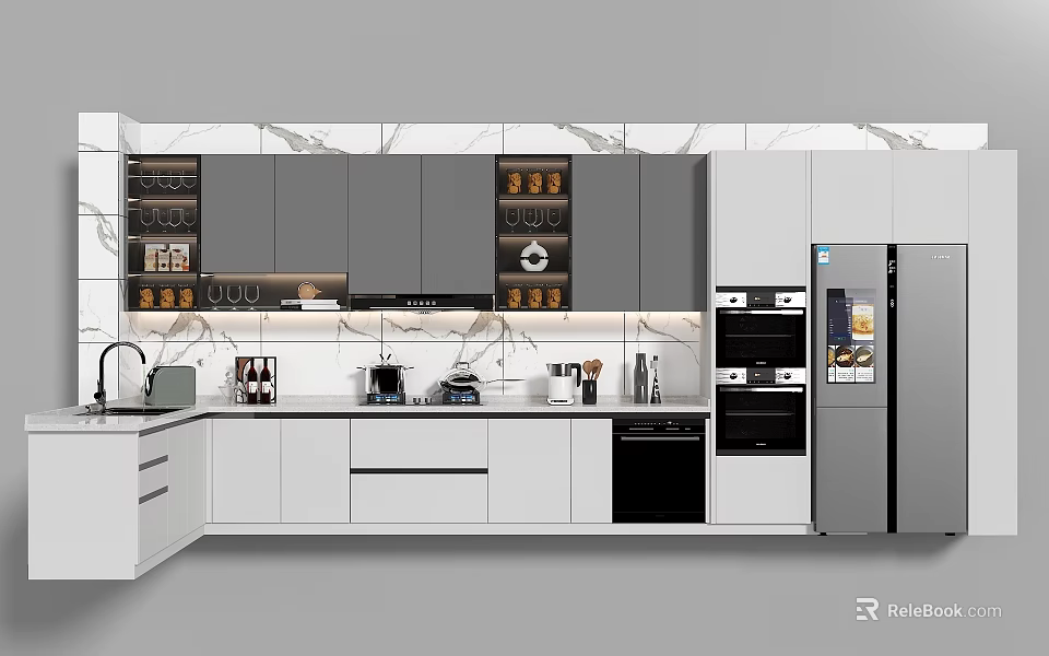 Modern Kitchen Interior Featuring White Gray Cabinets Marble Countertop And Stainless Steel Appliances 3d model 