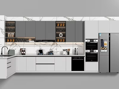 Modern Kitchen Interior Featuring White Gray Cabinets Marble Countertop And Stainless Steel Appliances 3d model