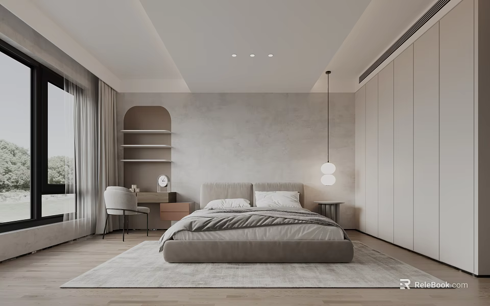 Modern Minimalist Bedroom Interior With Gray Wall Low Profile Bed Wooden Floor And Pendant Light 3d model 