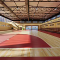 Indoor Sports Fitness Gymnasium Featuring Basketball Court Wooden Floor High Ceiling And Windows