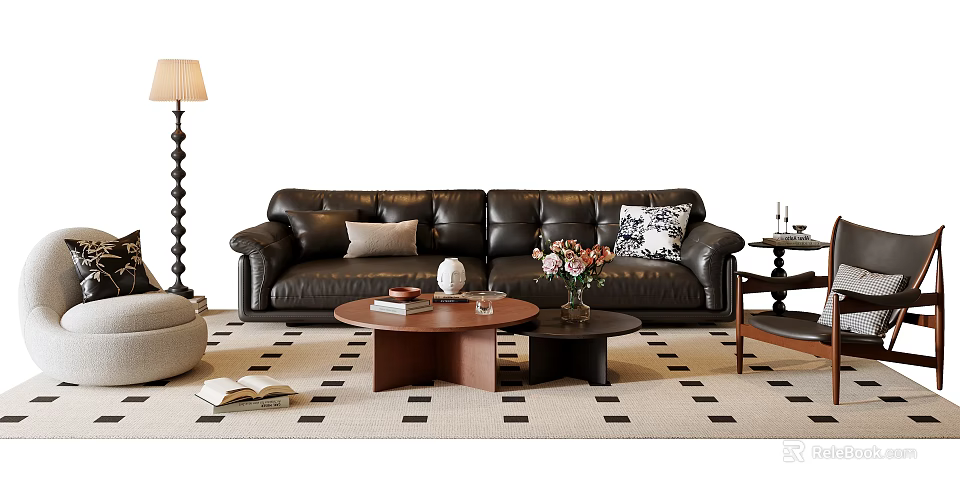 Stylish Black Leather Sofa With Decorative Cushions And Round Coffee Table Set On Geometric Rug 3d model 