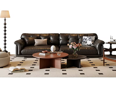 Stylish Black Leather Sofa With Decorative Cushions And Round Coffee Table Set On Geometric Rug 3d model