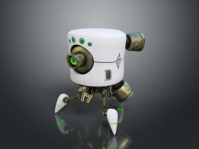 Small White Robot With Green Lens And Metallic Legs On Reflective Surface 3d model
