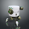 Small White Robot With Green Lens And Metallic Legs On Reflective Surface