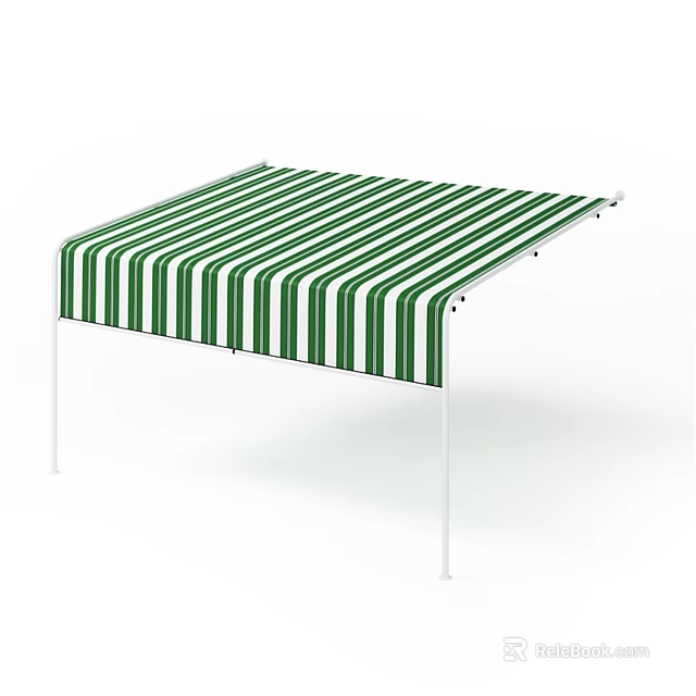 Outdoor Awning with Green and White Stripes and White Metal Frame for Patio Shade Solution 3d model 