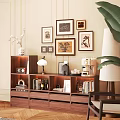 Stylish Entryway Cabinet Sideboard With Framed Art Books Coffee Machine Lamp And Green Leaves