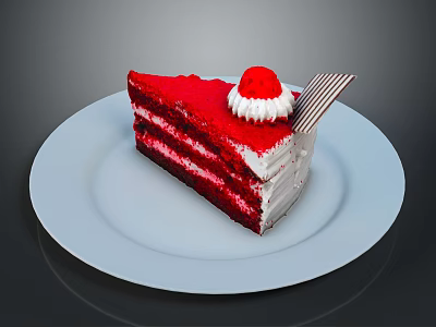 Red Velvet Cake Slice With Cream Layers And Red Topping On White Plate 3d model