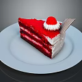 Red Velvet Cake Slice With Cream Layers And Red Topping On White Plate