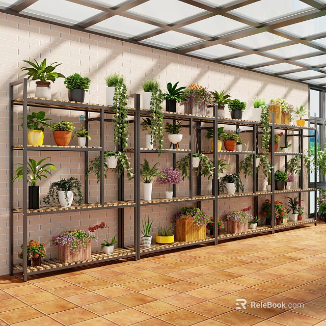Indoor Potted Plants Display On Metal Shelves With Brick Wall Glass Roof And Wooden Floor 3d model 