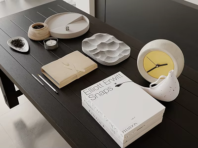 Modern Dark Tabletop Decor With Round Trays Textured Plates Clock And Books 3d model